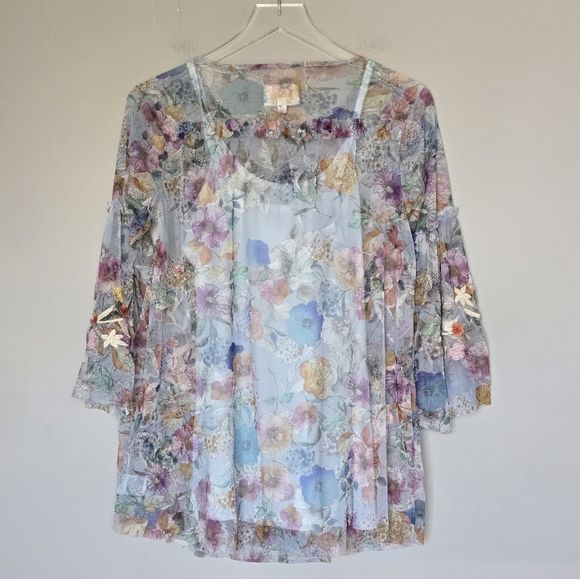 NWT Johnny Wash Flora Dancer Mesh Floral Embroidered Sheer Top Size XS - Picture 6 of 15